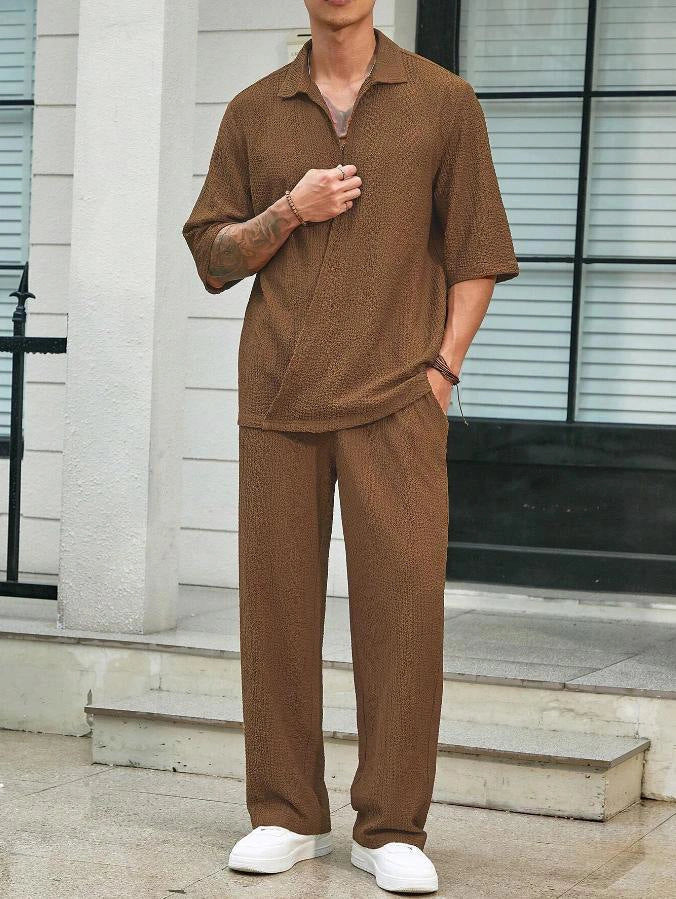 Men's summer commuter suit in cotton, short-sleeved top and loose straight trousers