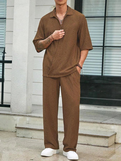 Men's summer commuter suit in cotton, short-sleeved top and loose straight trousers