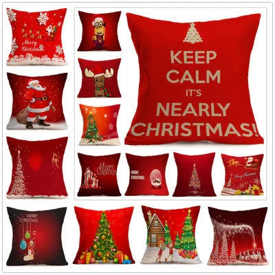 Festive Christmas-themed pillow covers in various patterns and styles, perfect for home or car decor