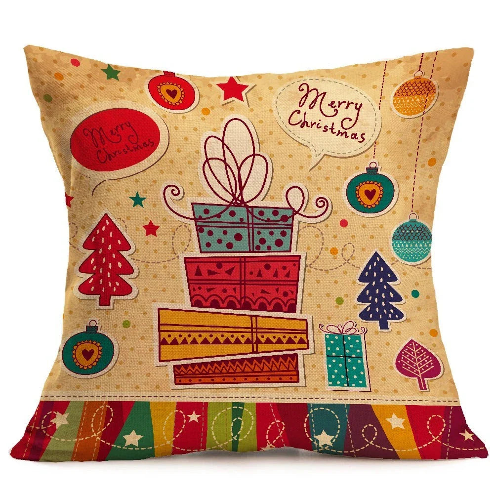Festive Christmas-themed pillow covers in various patterns and styles, perfect for home or car decor
