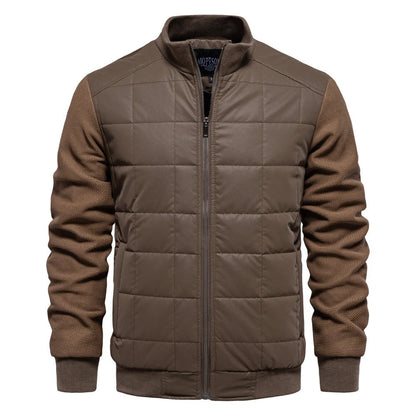 Stylish men's winter jacket with unique stitching design, stand collar, and variety of classic colours