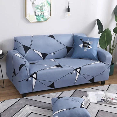 Stretchable geometric print sofa cover on a three-seater sofa