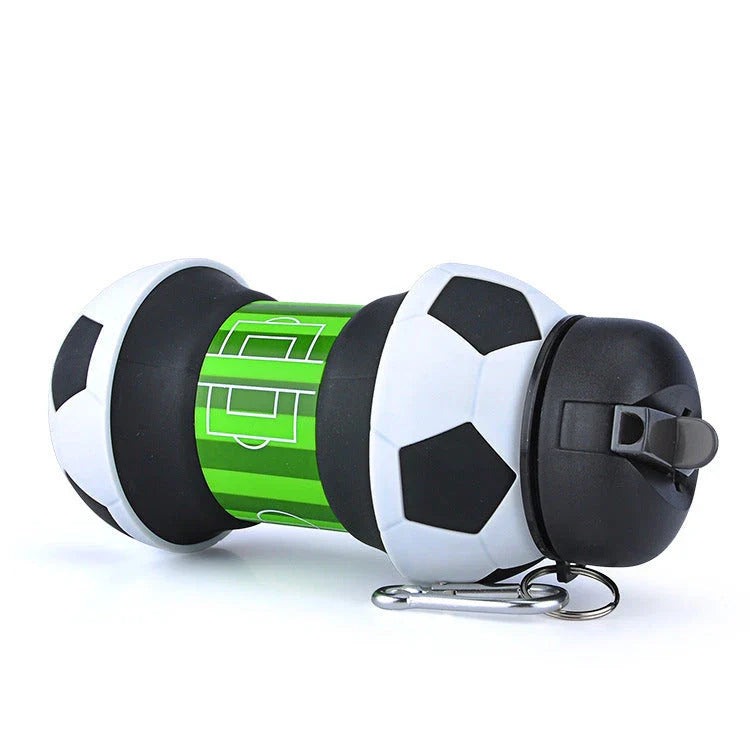 Foldable football-shaped silicone water bottle with straw - a durable, leak-proof, and eco-friendly travel companion for sports, hiking, and everyday hydration needs.