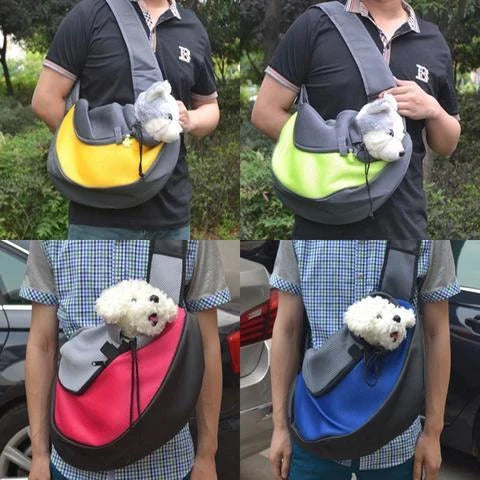 Premium soft pet sling carrier with padded mesh fabric and adjustable leather strap for hands-free convenience and pet comfort