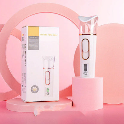 Portable facial mister with 38ml water tank, transforms water into fine mist for hydrating skin on the go