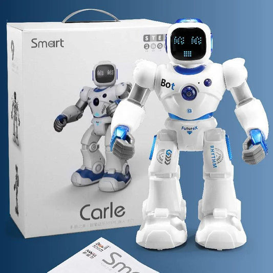 Remote-controlled robot with mobile app, flexible pulley, and soft LED lights for early years educational use