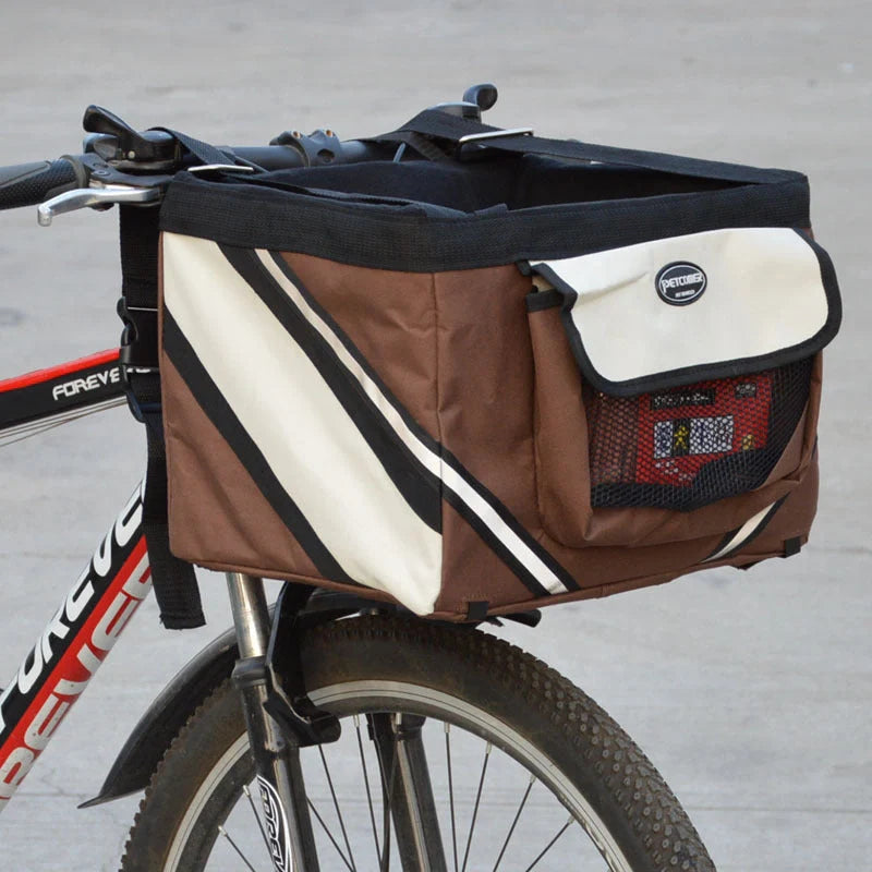 Pet bicycle carrier with removable basket for small cats and dogs, available in black, brown, blue, and red