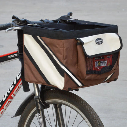 Pet bicycle carrier with removable basket for small cats and dogs, available in black, brown, blue, and red