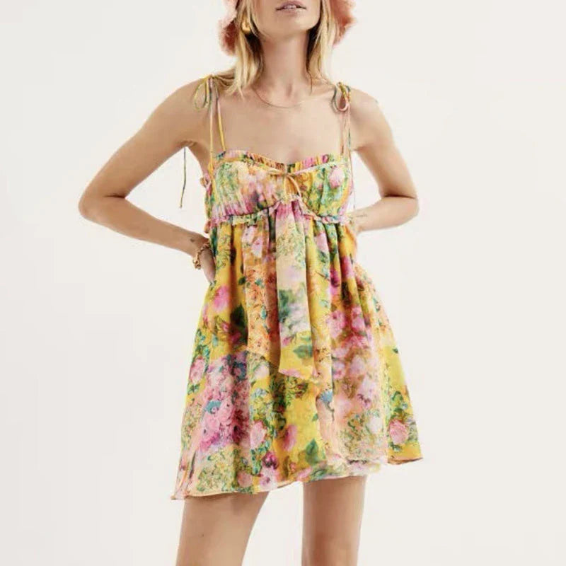 Elegant floral sundress in a variety of colors, featuring an A-line silhouette and ruffled detailing for a stylish and feminine look