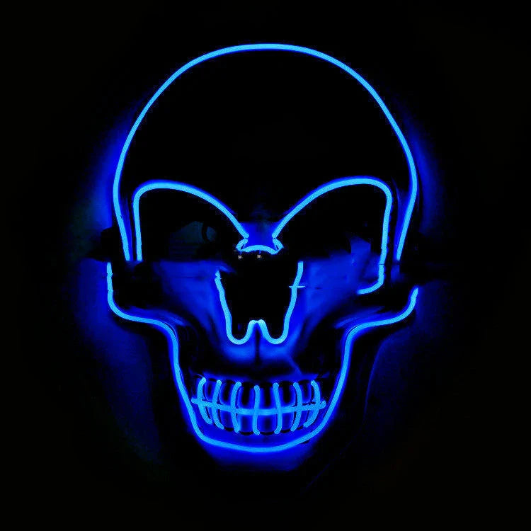A glowing skull-shaped Halloween mask with adjustable straps and three lighting modes: constant, slow flash, and rapid pulse