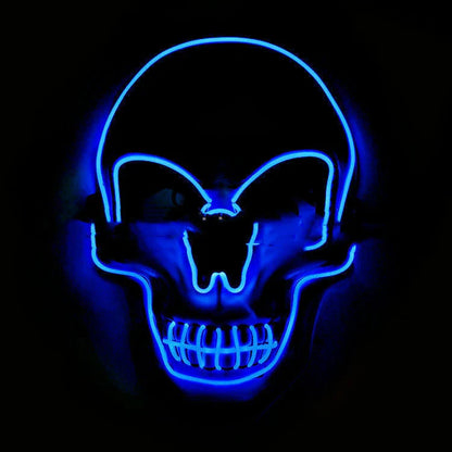 A glowing skull-shaped Halloween mask with adjustable straps and three lighting modes: constant, slow flash, and rapid pulse