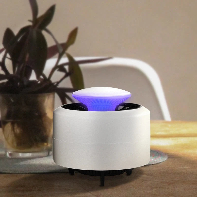 USB Electronic LED Mosquito Repellent Lamp in black and white, featuring escape-proof cage and removable tray
