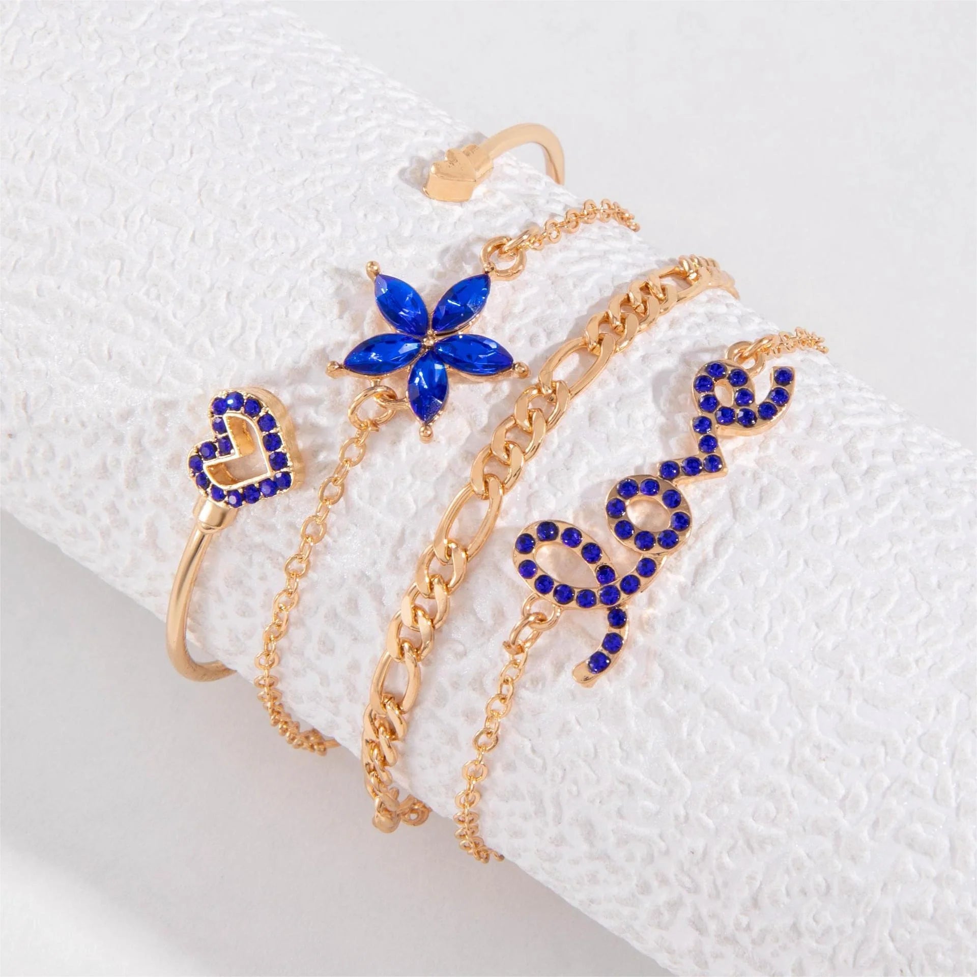 4-piece Blue Flower Love Butterfly Bracelet Set with Rhinestones for Valentines Day