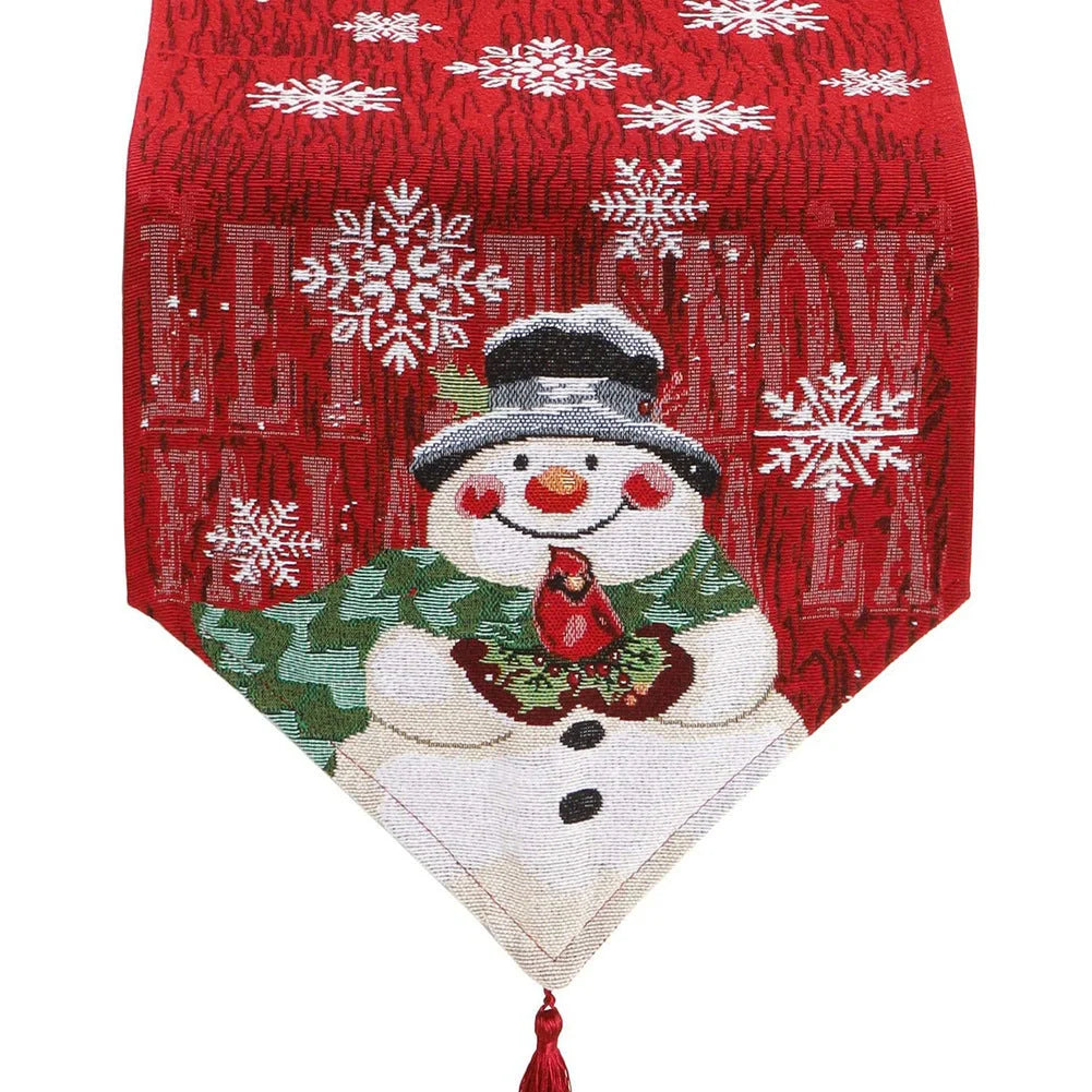 Christmas tablecloth with snowman and snowflake design in red
