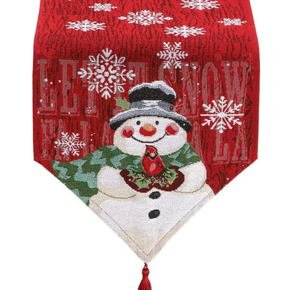 Christmas tablecloth with snowman and snowflake design in red