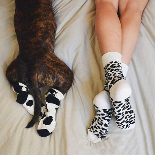 Stylish Dalmatian-inspired cotton crew socks with a premium blend of polyester, spandex, and cotton for all-day comfort and flexibility.