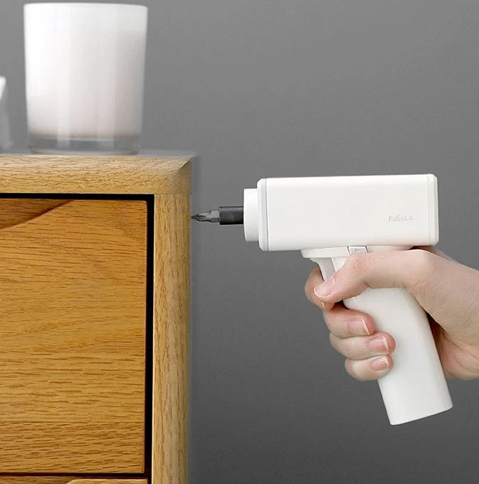 Compact white electric screwdriver with LED light and USB charging