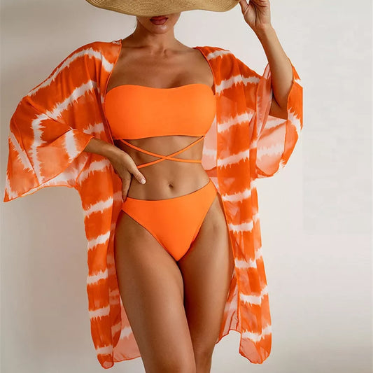 Women's orange nylon chiffon three-piece swimsuit with chest cushion