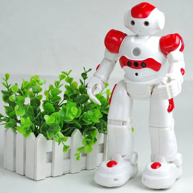Remote-controlled dancing robot toy with gesture-sensing controls, preprogrammed songs and dances, and customizable programming capabilities