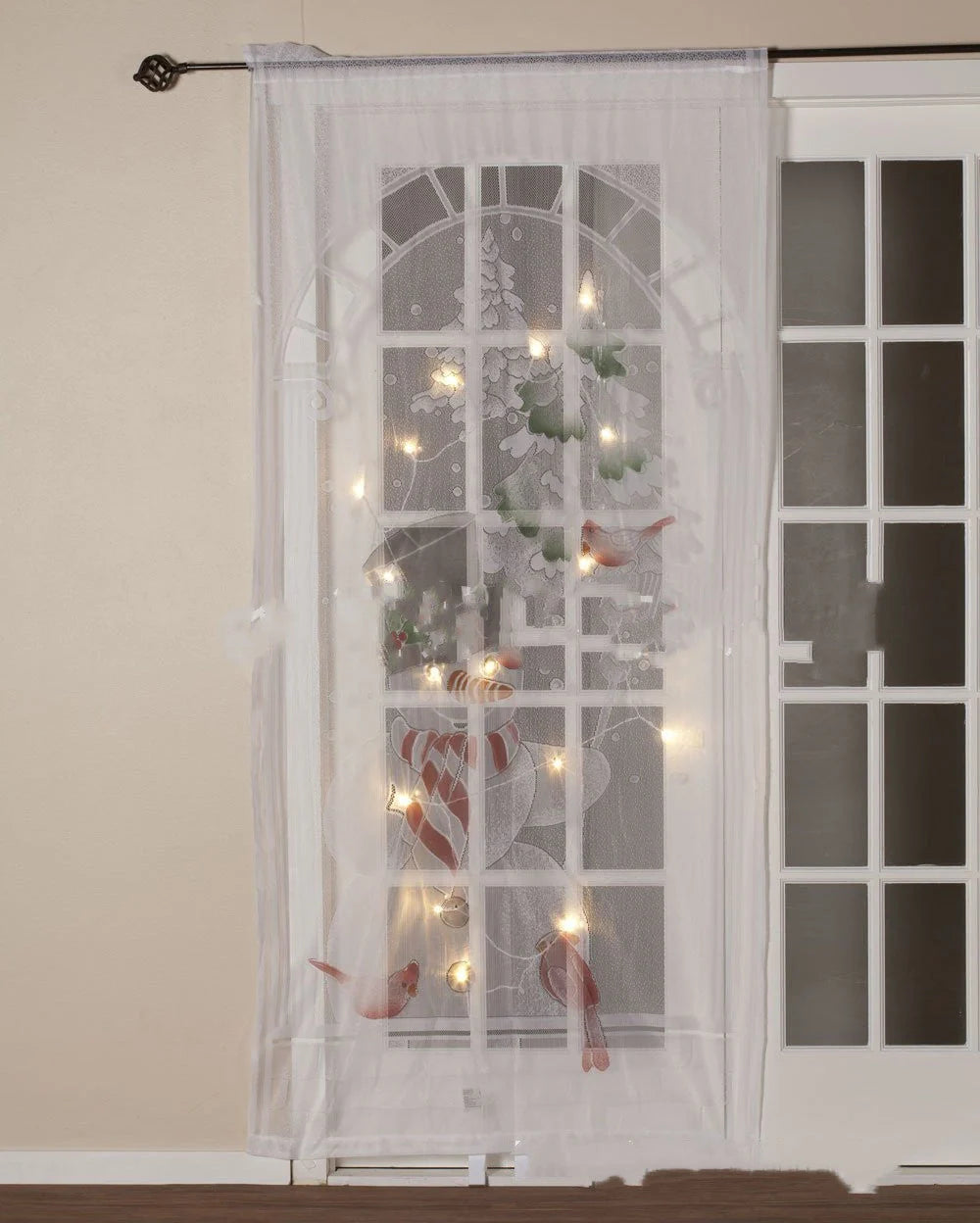 Christmas themed vertical blackout curtains with Santa, snowmen, and deer designs