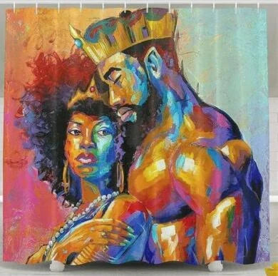 Vibrant African-inspired shower curtain with portrait of a beautiful African girl wearing earrings and bold hairstyle