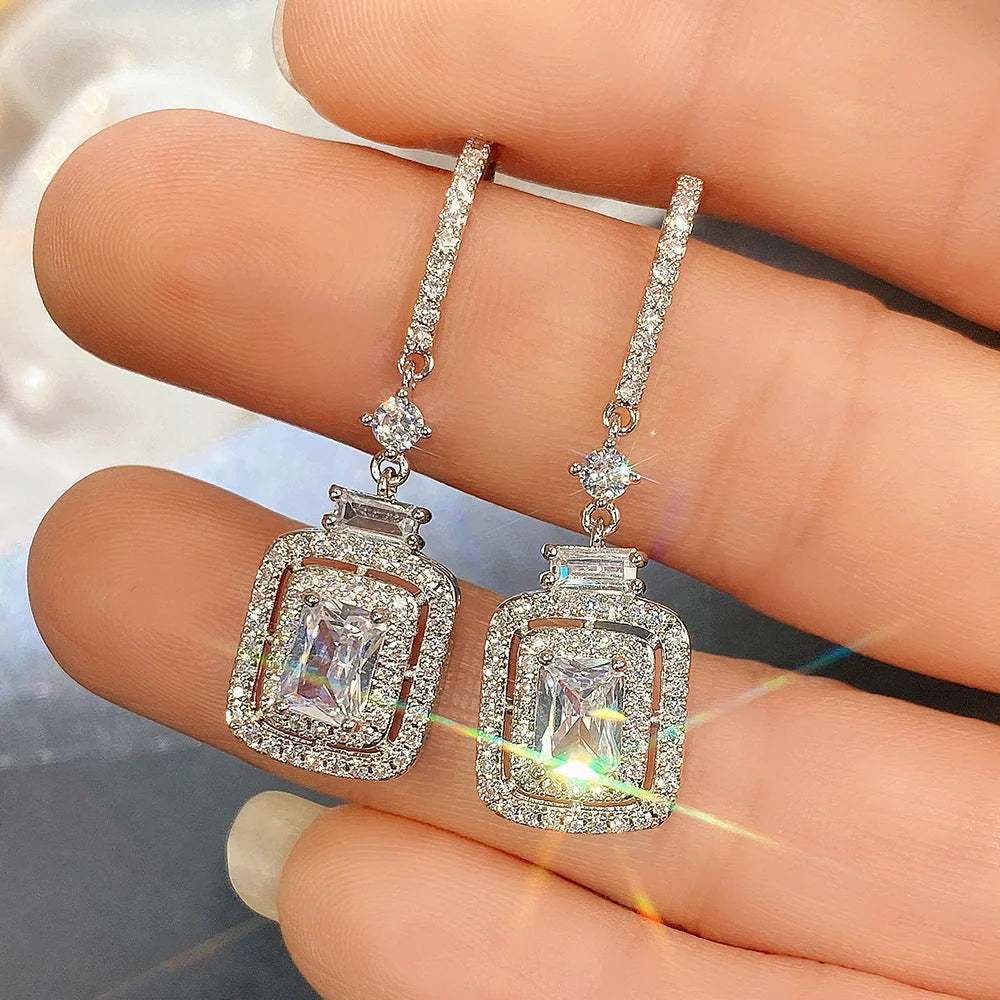 Platinum Princess Square Diamond Zircon Ear Hook in white gold