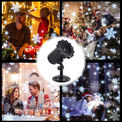 LED Christmas Blizzard Snowflake Laser Light Projector illuminating a garden with white snowflake patterns