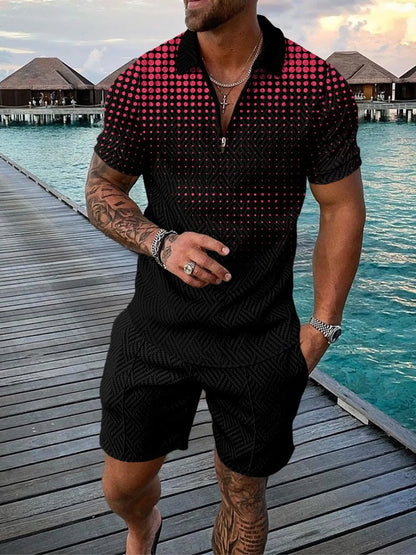 Men's casual contrast polo zip lapel shirt with shorts set in various colours