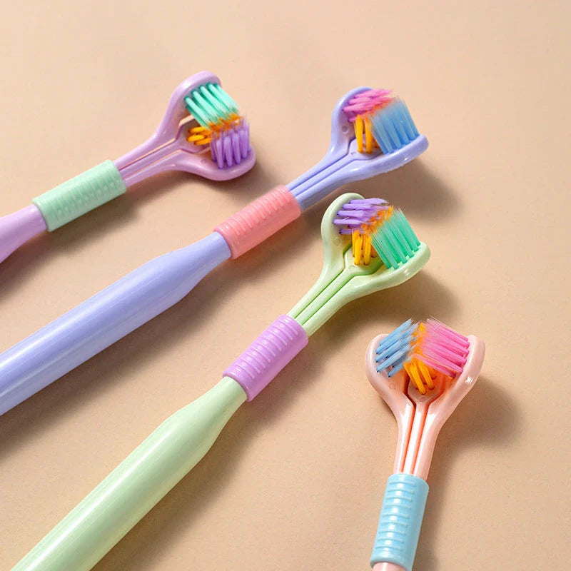Soft bristle toothbrush with 3-sided brush head for thorough dental cleaning
