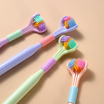 Soft bristle toothbrush with 3-sided brush head for thorough dental cleaning