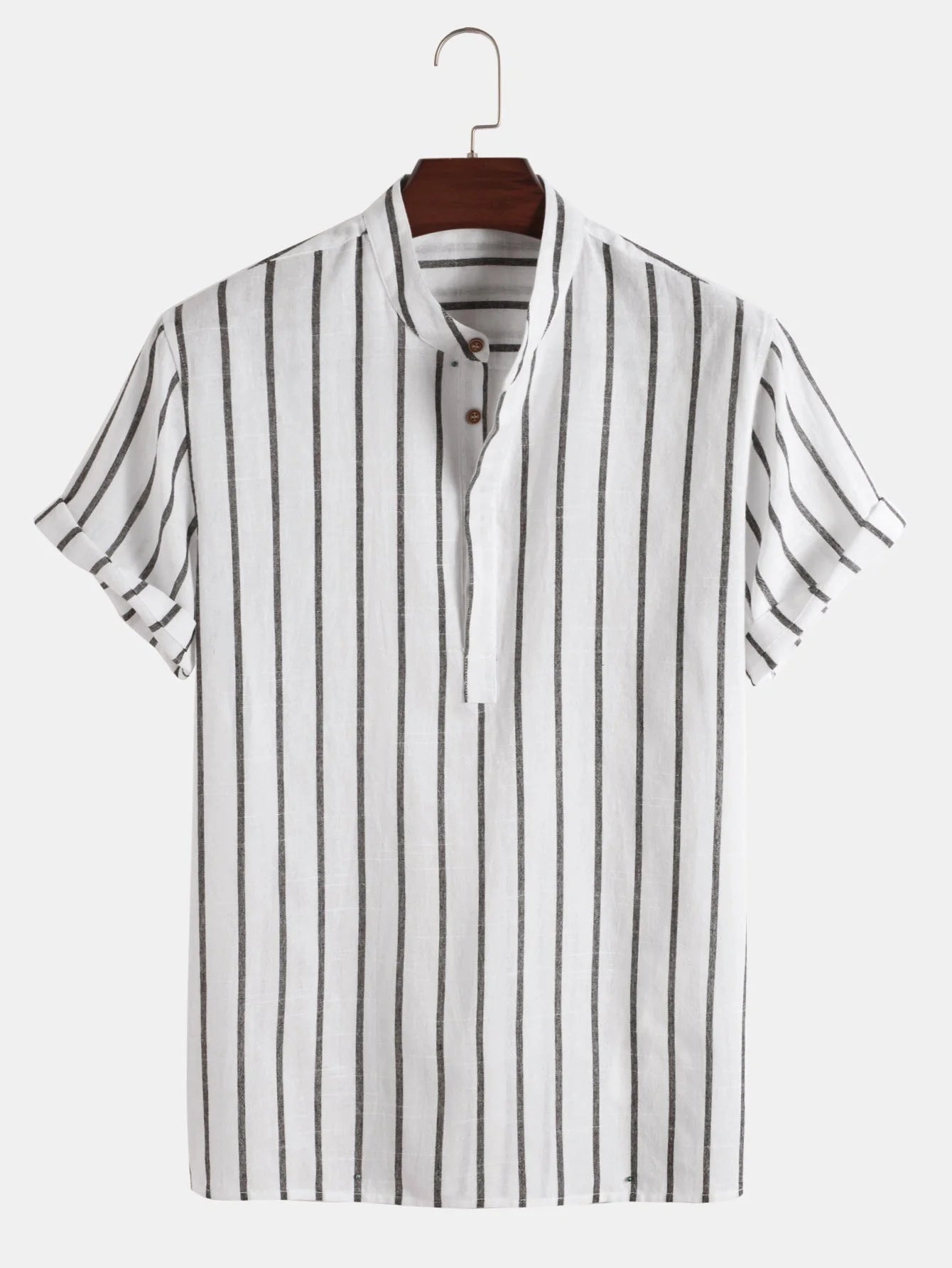 Men's striped cotton short sleeve shirt in white, red, grey, and blue