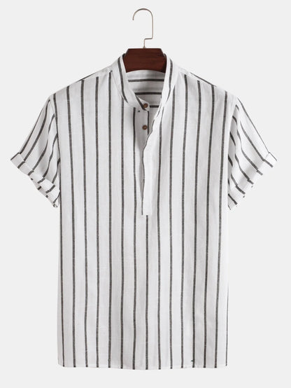 Men's striped cotton short sleeve shirt in white, red, grey, and blue