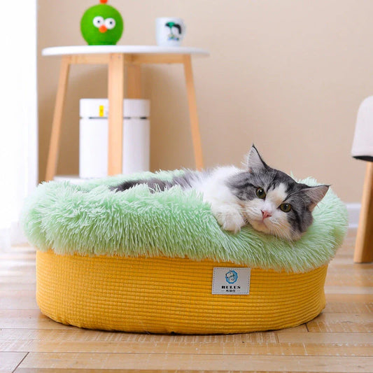 Cozy plush pet bed in pineapple design, providing deep cushioning and non-collapsible support for peaceful pet slumber