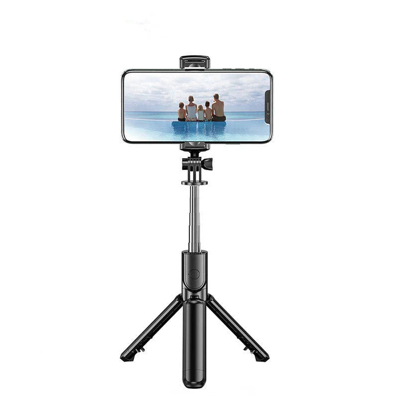 Adjustable Bluetooth selfie stick with remote control and tripod for iPhone, ideal for capturing full-body and hands-free mobile photos