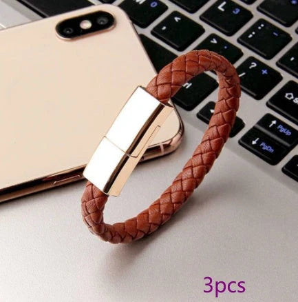 Stylish data cable bracelet in black, white, and brown colors with android, apple, and USB-C connectors