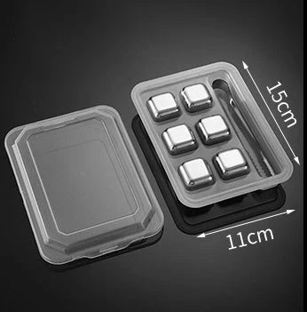 Premium stainless steel whisky chilling stones set in various shapes and sizes, including square, circular, heart, and diamond-shaped stones