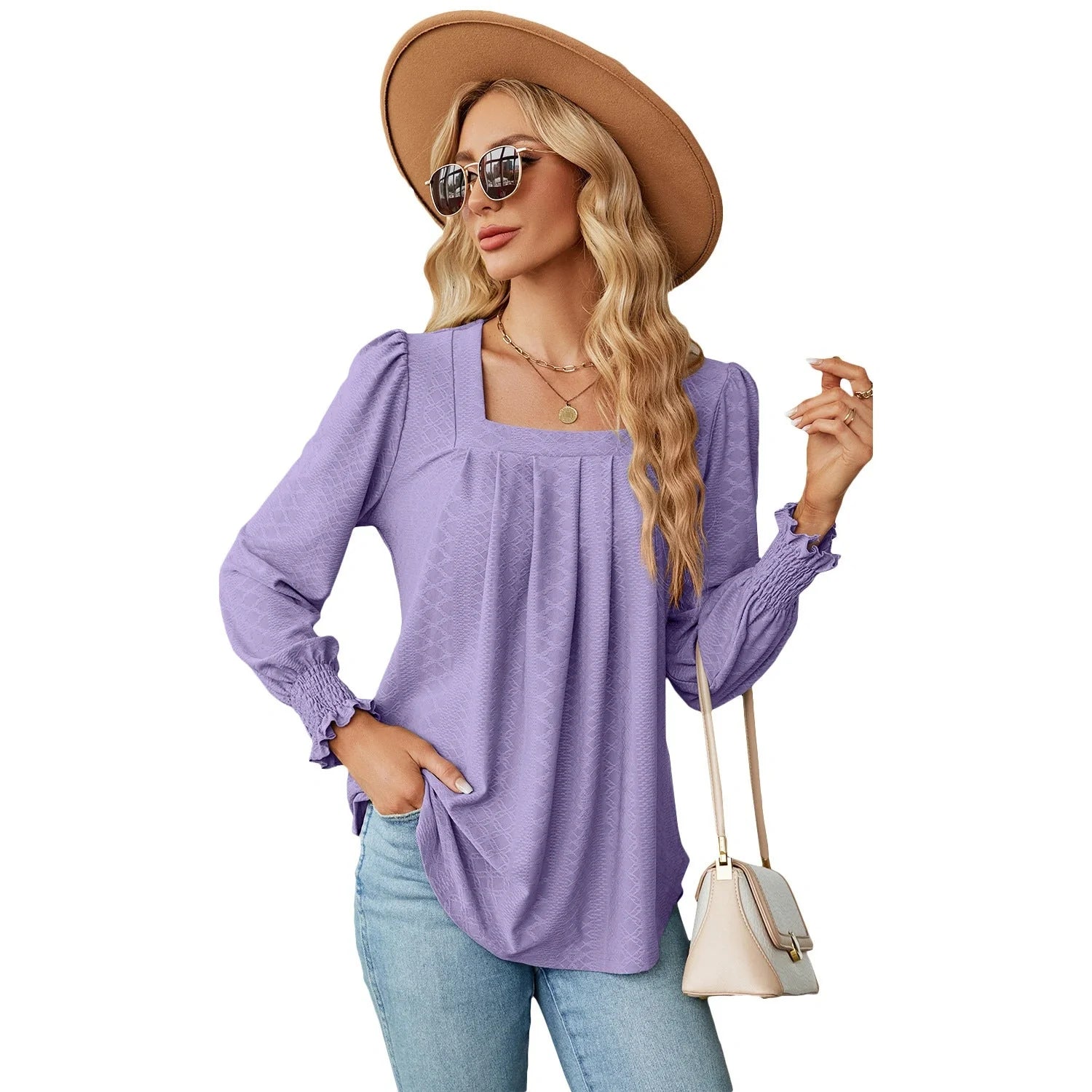 Jacquard pleated square neck T-shirt in various colours