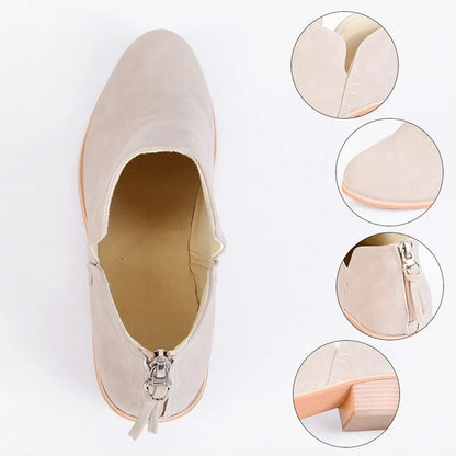 Stylish retro high heel ankle boots for women in pink, black, and beige