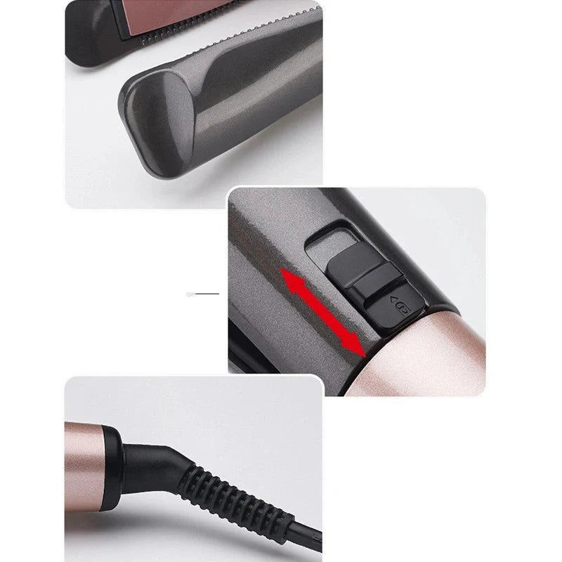 Metallic grey 2-in-1 hair straightener and curler with tourmaline ceramic plates