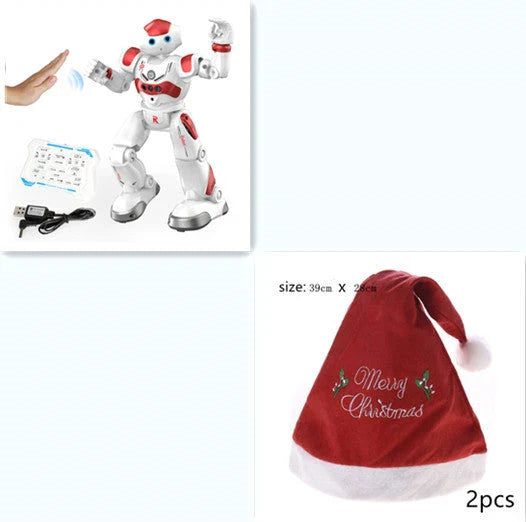 Remote-controlled dancing robot toy with gesture-sensing controls, preprogrammed songs and dances, and customizable programming capabilities