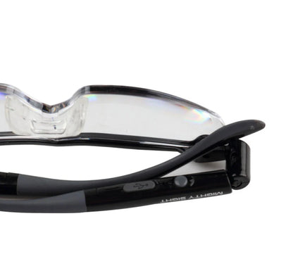 USB-powered reading glasses with transparent frame and integrated LED lighting for improved visibility and reduced eye strain
