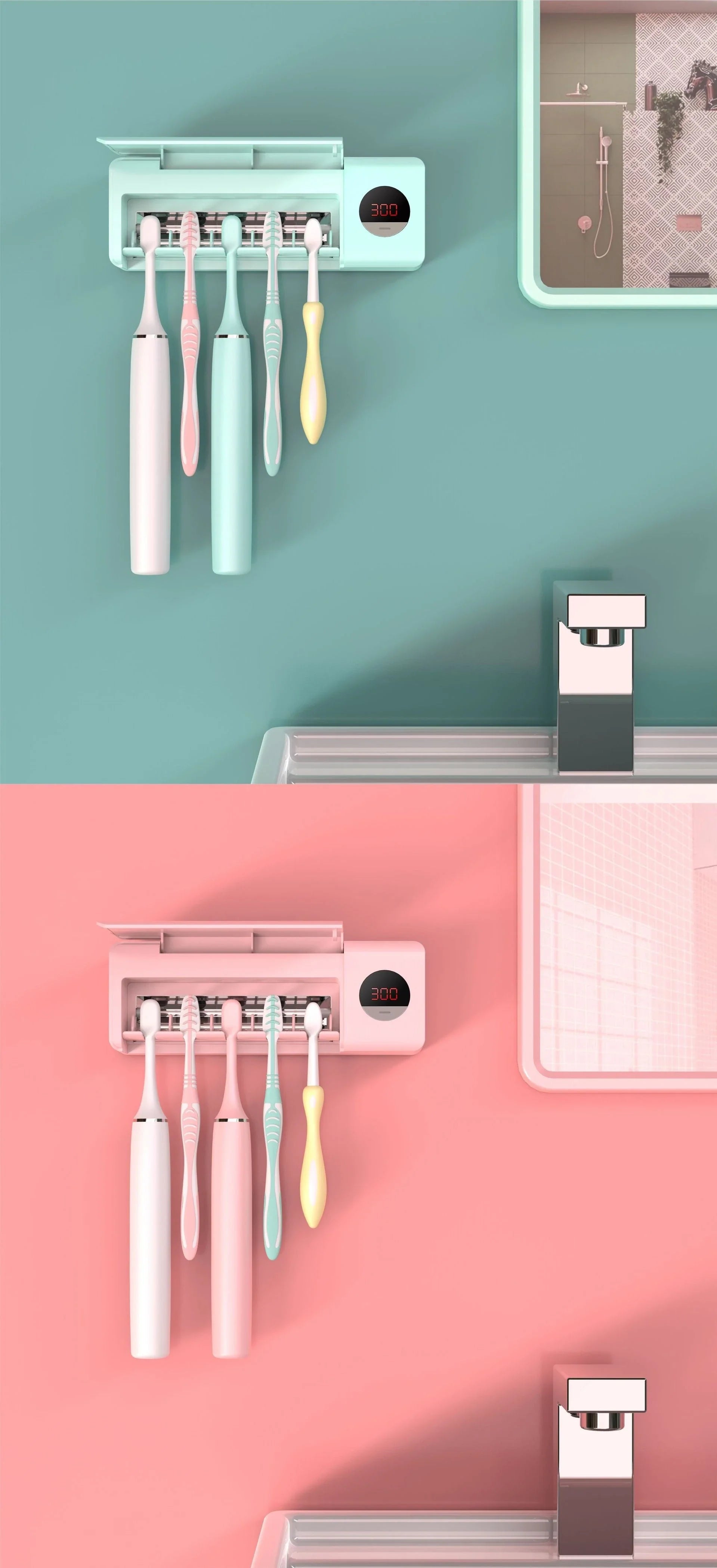 Rechargeable UV Toothbrush Sanitizer in multiple color options, featuring a sleek and compact design for home and travel use