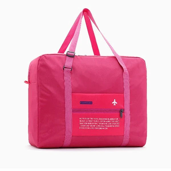 Foldable nylon travel holdall in various colours, including black, orange, green, and red