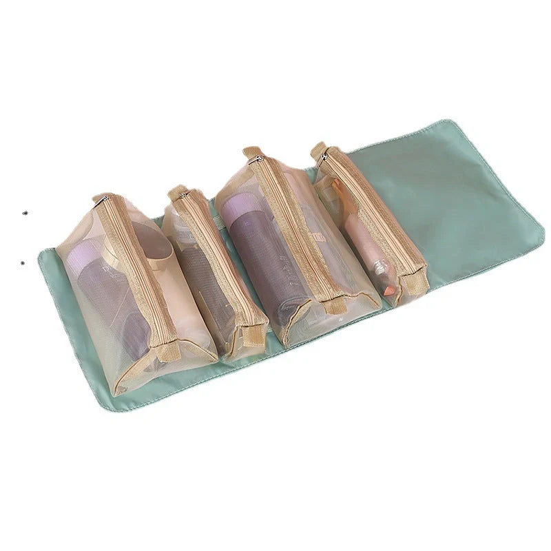 4-in-1 detachable cosmetic bag in green, pink, or black with waterproof material