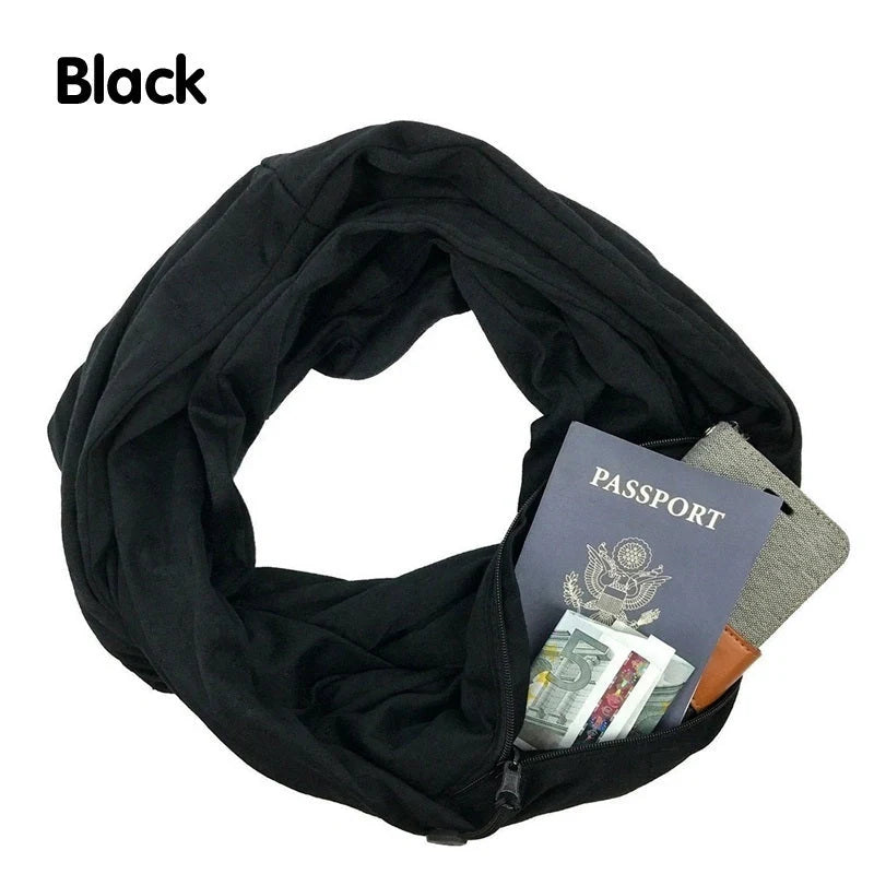 Stylish infinity scarf with hidden pocket in black, grey, and white