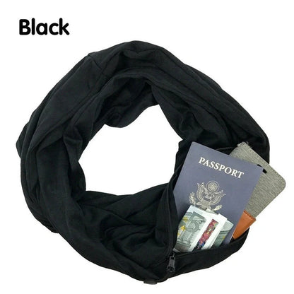 Stylish infinity scarf with hidden pocket in black, grey, and white