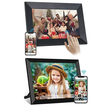 Smart WiFi digital photo frame with rotating display, high-resolution IPS-LCD screen, and seamless photo sharing capabilities