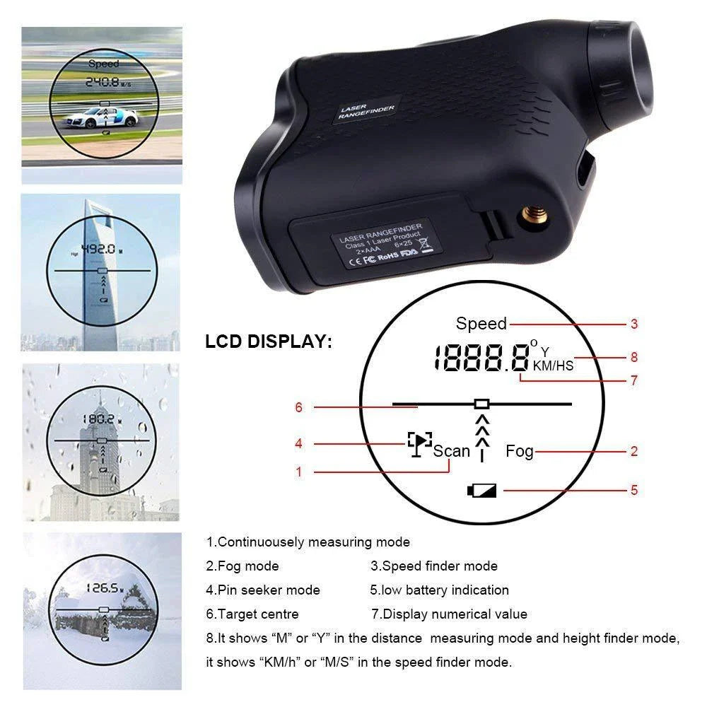 Precision laser rangefinder with 600-meter range and 1mm accuracy for outdoor activities like golfing, hunting, and exploration