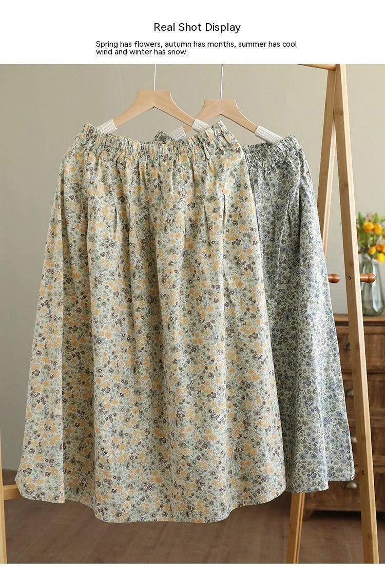 Artistic Floral Washed Cotton Skirt with little yellow and blue flowers, urban leisure style
