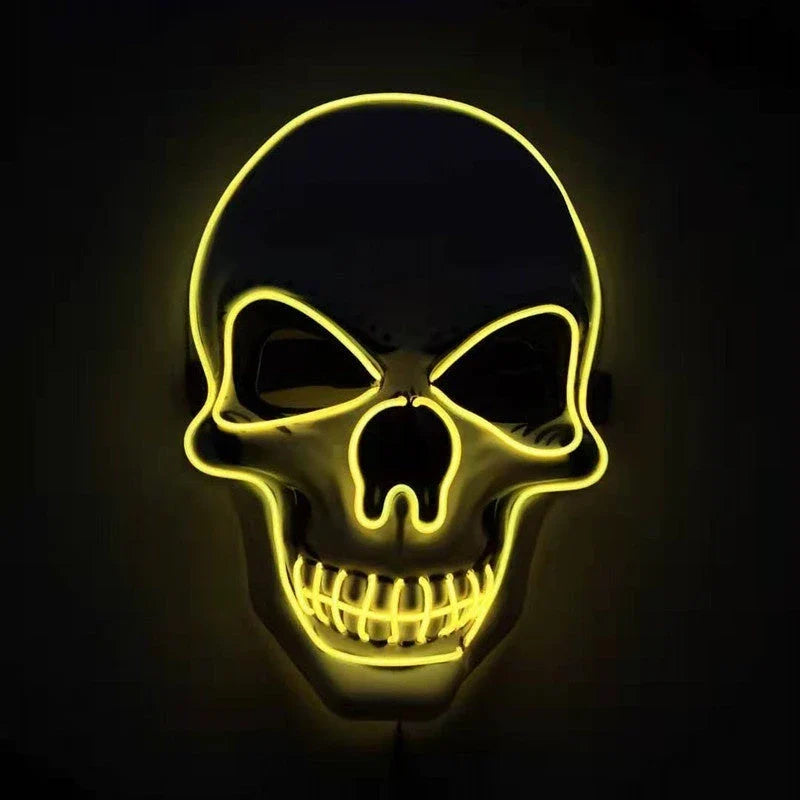 A glowing skull-shaped Halloween mask with adjustable straps and three lighting modes: constant, slow flash, and rapid pulse